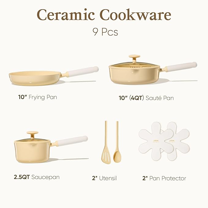 CAROTE Ceramic Cookware Set Nonstick, 9pcs Pots and Pans Set Non stick, Non-Toxic & PFAS-Free,Dishwasher, RV/Camping Cookware Set,Sauce Pan with Lid, Yellow