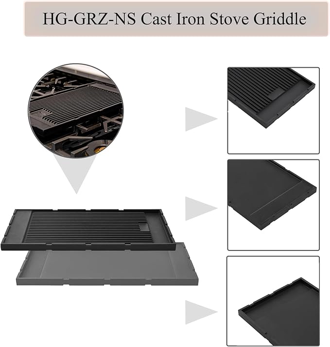 HG-GRZ-NS Griddle Replacement Parts for ZLINE Gas Stove Top High Grate Cast Iron Reversible Griddle Plate ZLINE 24 30 36 48 60 Inch Gas Cooktop Range Electric Oven Griddle Pan (Not Fit All High Grate)