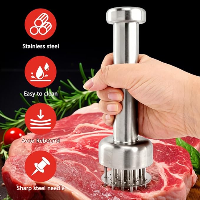 2 Pcs Stainless Steel Meat Tenderizer Tools,Meat Hammer and Meat Tenderizer Needle Meats Piercing for Tenderizing Beef Turkey Chicken and Steak(COLOR:Silver)