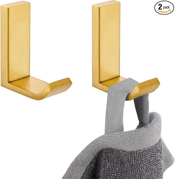 APLusee Brushed Gold Bathroom Towel Hooks 2 Pack, 304 Stainless Steel Robe Hooks for Bathroom Kitchen Garage, Wall Mounted