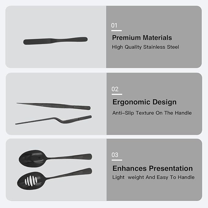 Professional Chef Tools | Plating Tools Culinary Set | Piece Culinary Tool Set | Premium Stainless Steel Chef's Plating Tool Set | Kitchen Tweezers & Fish tongs & Spatula & Slotted Spoon (Black) (5)