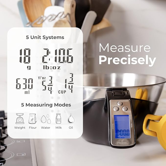 Fradel Digital Kitchen Food Scale with Bowl - 11lb, Grams & Ounces - Removable, Dishwasher-Safe Mixing Bowl - Black