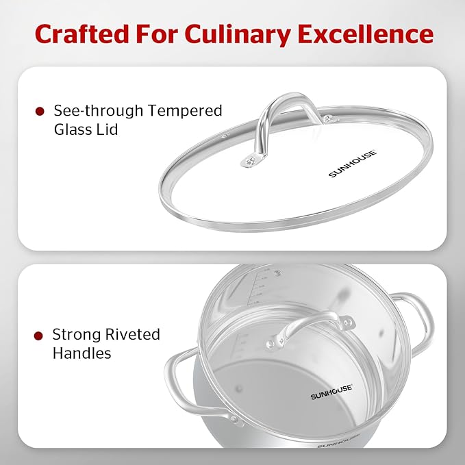 SUNHOUSE Stainless Steel Stock Pot - 16 Quart Heavy-Duty Induction Cooking Pot with Visible Lid for Pasta, Soup, Spaghetti - Nonstick Thick-Bottom Deep Stockpot for Canning, Boiling, and Simmering