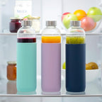 32 oz Glass Water Bottles with Lids and Silicone Sleeve, Reusable Juice Bottles with Stainless Steel Leak Proof Cap, Beverage Storage Containers for Juicing & Water, BPA Free Set of 3