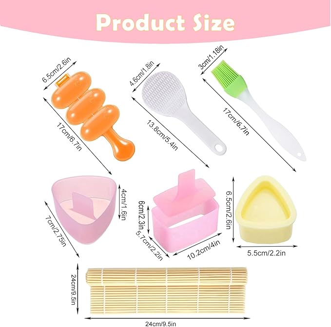 7 Pcs Onigiri Rice Ball Mold Maker Kit, Musubi Press, Classic Triangle Shake Sushi Roller Mat Tool for Kids Bento Lunch and Home DIY, Non-stick, BPA-Free