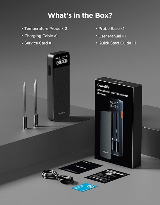 GoveeLife Bluetooth Wireless Meat Thermometer with 2 Probes, Standalone Digital Base, WiFi Unlimited Range, ±1.8℉ Accuracy, IP68 Waterproof Real Time Monitoring, for Kitchen, BBQ, Grill, Oven, Smoker