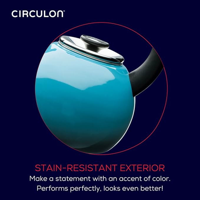 Circulon Enamel on Steel Whistling Induction Teakettle, Tea Kettle for Stovetop with Flip-Up Spout, 2-Quart, Turquoise