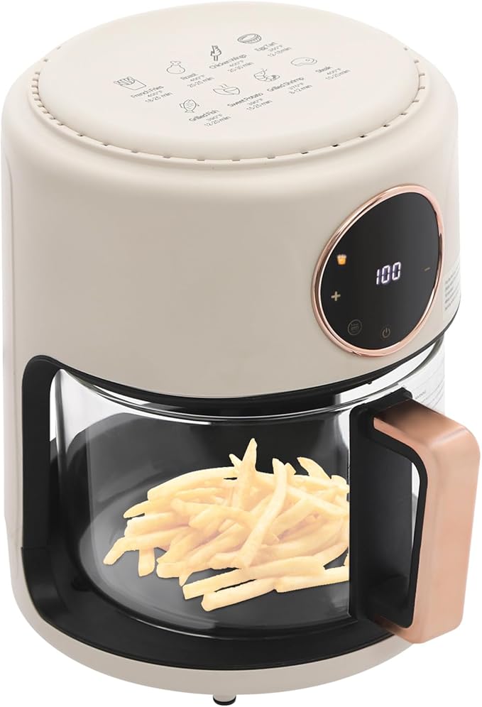 Glass Air Fryer 3.81QT with 360° View, 1200W Touchscreen & 8 Presets, Borosilicate Glass Pot for Healthy Frying, Family Kitchens, Restaurants (White)
