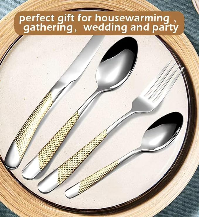 16-Piece Premium Stainless Steel Flatware Set with Gold Diamond Pattern Handle, Modern Silverware Silver and Gold,Christmas gift (4x4 Set)