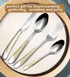 16-Piece Premium Stainless Steel Flatware Set with Gold Diamond Pattern Handle, Modern Silverware Silver and Gold,Christmas gift (4x4 Set)