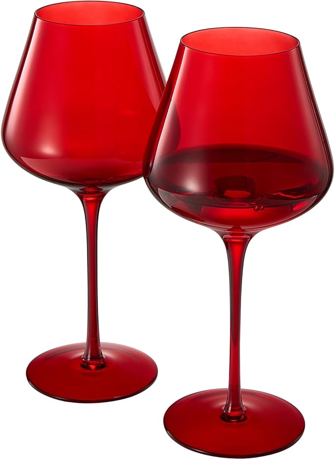 Red Ruby Crystal Wine Glasses Set of 2, Elegant 20oz Tall Drinkware, Glassware for Hosting and Gifting, Sophisticated Italian-Inspired Barware Party Gift to Wife, Mom, or Friend