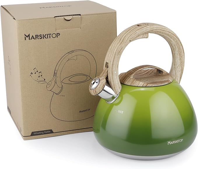 MARSKITOP Whistling Tea Kettle for Stove Top, 2.6 Quart Teapot for Stovetop, Stainless Steel Tea Pot for Stove with Wood Pattern Handle, Light Green