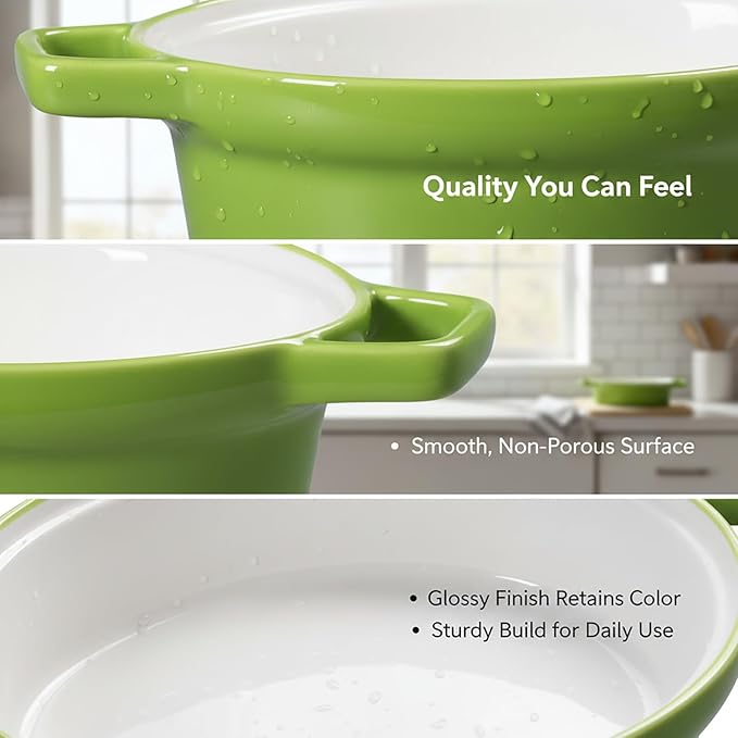 Oval Au Gratin Baking Dishes 6" x 5" for Oven Safe Cooking and Baking, Set of 4, 15 OZ Heat Resistant Ceramic Individual Gratin with Handles for Serving, Small Mini Casserole Dish, Green