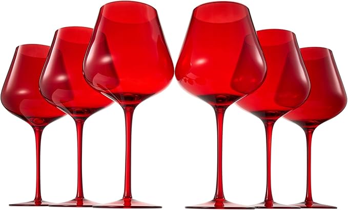 Red Ruby Crystal Wine Glasses Set of 6 | Elegant 20oz Tall Drinkware | Festive Holiday & Christmas Glassware for Hosting and Gifting | Sophisticated Italian-Inspired Barware for Wife, Mom, or Friend