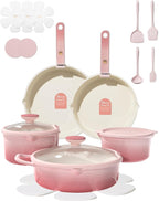 CAROTE 20Pcs Titanium Cookware Set, Pots and Pans Set Non Stick, Kitchen Cooking Set with Detachable Handle, Non Toxic Induction Cookware, Dishwasher/Oven Safe Pink