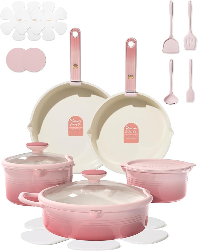 CAROTE 20Pcs Titanium Cookware Set, Pots and Pans Set Non Stick, Kitchen Cooking Set with Detachable Handle, Non Toxic Induction Cookware, Dishwasher/Oven Safe Pink