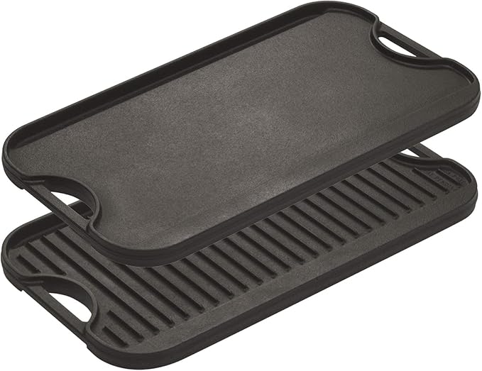 Lodge Pro-Grid Reversible Grill/Griddle - Dual-Sided Cast Iron Griddle - Double Burner Grill - Even Heat Distribution - PFAS-Free Non-Toxic Cookware - 20 Inches x 10.5 Inches