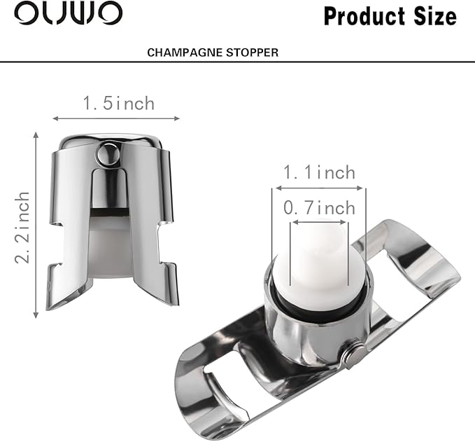 Champagne Stopper 6 Pack Stainless Steel Champagne Save with Food Grade Silicone, Leak-Proof Bubble Retaining Saver, Suitable for Champagne Prosecco Cava and Sparkling (Silver)