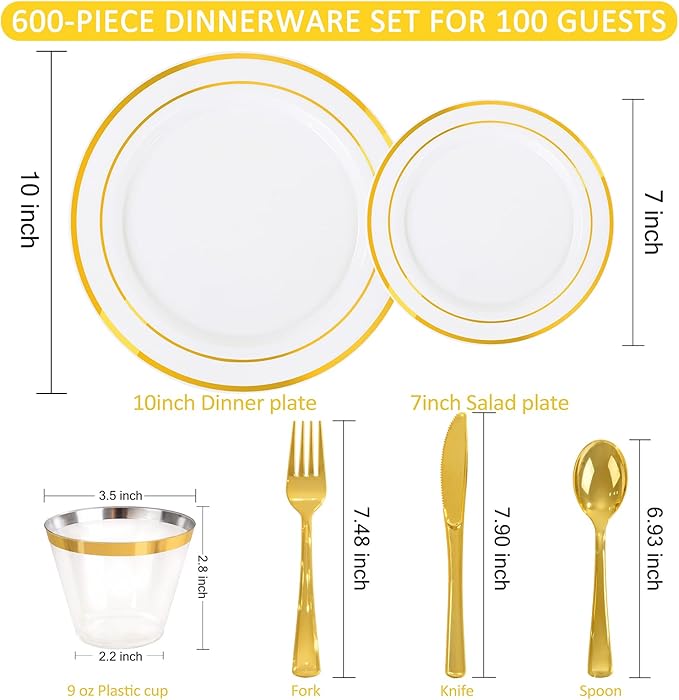 WELLIFE 450 PCS Gold Disposable Dinnerware Set for 75 Guests, 75 Each-Dinner & Salad Plates,Cups, Forks, Knives, Spoons for Wedding and Party Supplies