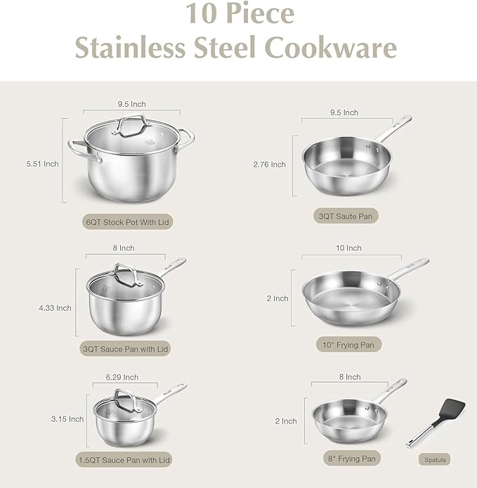 KOCH SYSTEME CS Stainless Steel Pots and Pans Set, 10 Piece Stainless Steel Cookware Set for Professional Cooking, Kitchen Cookware Sets, Induction Compatible Cookware Set 10 Pcs, Pots and Pans