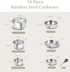 KOCH SYSTEME CS Stainless Steel Pots and Pans Set, 10 Piece Stainless Steel Cookware Set for Professional Cooking, Kitchen Cookware Sets, Induction Compatible Cookware Set 10 Pcs, Pots and Pans