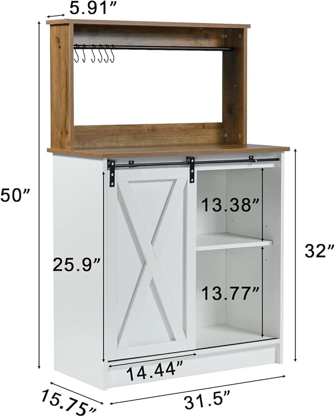 Farmhouse Coffee Bar with Hutch, White Coffee Bar Cabinet with Storage Sliding Barn Door, 31 Inch Buffet Cabinet with 6 Hooks, Coffee Bar Table with Adjustable Shelves for Living Dining Room