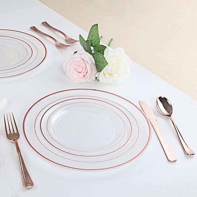I00000 60 Pcs Rose Gold Plastic Plates, Disposable Party Set Include: 60 Clear Plastic Plates with Rose Gold Trim for dinner and dessert Perfect for Holidays, Wedding & Party Supplies