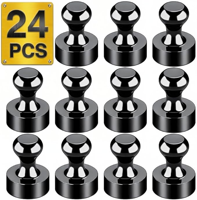Tiergrade Metallic Magnets, Refrigerator Magnets, 24 Pack Black Magnetic Push Pins, Strong Fridge Magnets, Multi-use Whiteboard Magnets Perfect for Kitchen Office Classroom
