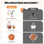 Kawu Electric Food Processor, Electric Meat Grinder & Vegetable Chopper with 2 Bowls, 200W Mini Food Processors with Stainless Steel Blades, Garlic Grinders for Onion, Fruit for Home and Kitchen