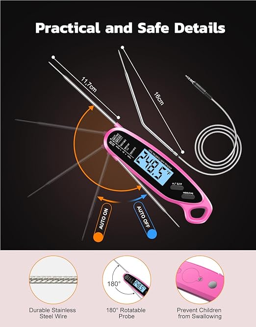 Instant Read Meat Thermometer Digital with Dual Probe & Large Backlit, Food Thermometer for Cooking & Grilling, for Candy/Baking/Oven/BBQ/Grill/Smoker, Pink Kitchen Accessories, Gifts for Women