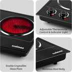 CUSIMAX Double Burner, 1800W Ceramic Electric Hot Plate for Cooking, Dual Control Infrared Cooktop, Portable Countertop Burner, Glass Plate Electric Cooktop, Stainless Steel Black