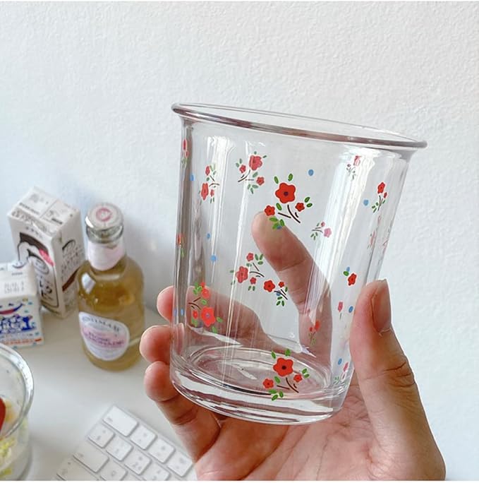 Set of 2 12 OZ Floral Drinking Glasses French Glass Coffee Cup Cute Flower Glass Cups for Iced Coffee,Tea,Juice,Latte,Milk,Dessert,Stackable Glassware Drinkware Set(red white)