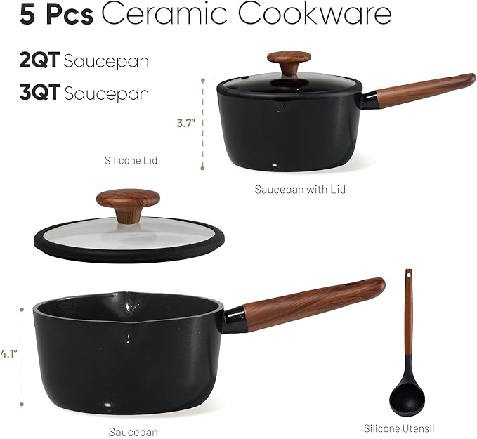 CAROTE 2QT & 3QT Sauce Pan Sets with Lid & Ladle Ceramic Nonstick Pot Set Non Toxic Saucepan Small Kitchen Cooking Pots, Easy to Clean, Induction Comptable, PFAS PTFE Free, Black