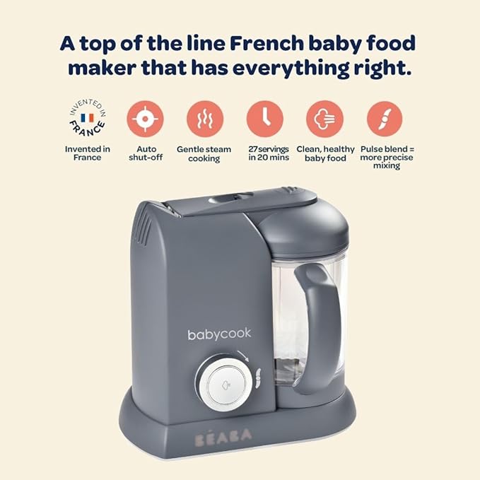 BEABA Babycook Solo 4 in 1 Baby Food Maker, Puree Steamer and Blender for Purees, Grinder with Auto Steam Cooking, Lrg Capacity 4.5 Cups 27 Servings in 20 Mins, Pralin