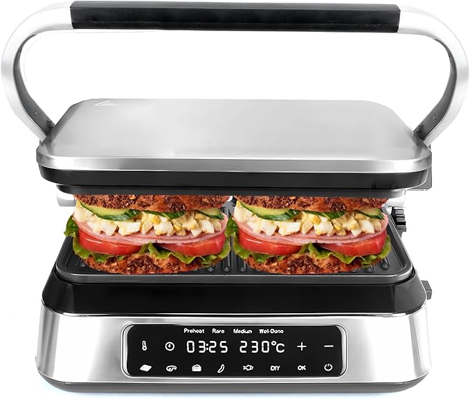 Panini Waffle Maker Combo | Panini Grill Press Sandwich Maker, Smokeless Indoor Grill, 1600W, 180° Open, Removable Plates, Stainless Steel, Ideal Kitchen Gift for Steak, Hamburger, Waffle