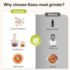 Kawu Electric Food Processor & Meat Grinder, 8 Cup (2L)+0.3L Glass Bowls, 2 Speeds with Stainless Steel Blades, 300W Mini Vegetable Chopper Food Blender for Home Kitchen