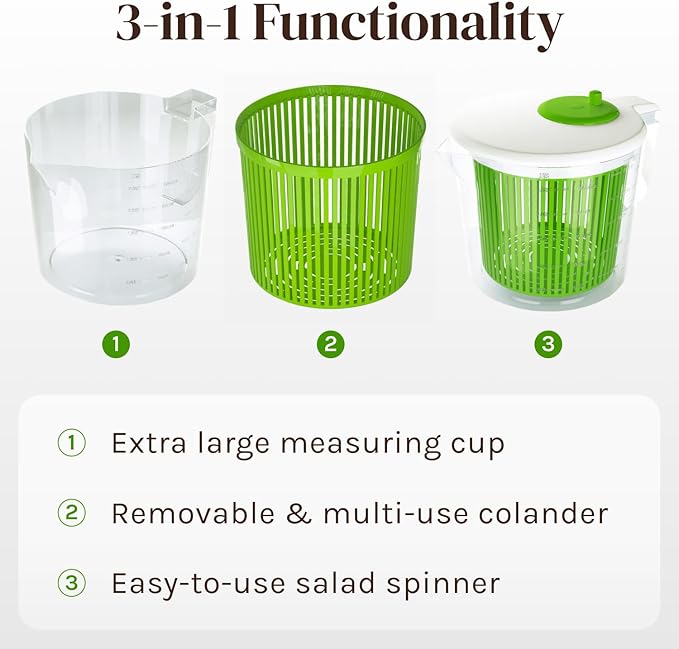 Cooler Kitchen Small Salad Spinner — Mini Lettuce Spinner and Dryer with Measuring Cup Bowl — Compact Veggie & Fruit Washer, Salad Dryer Spinner — Dishwasher Safe, BPA-Free