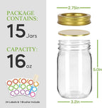 Glass Mason Jars with Gold Lids and Bands 16 oz - 15 Pack Regular Mouth Canning Jars for Food Storage, Pickling, Meal Prep, Overnight Oats, Dry Food & DIY Crafts - Includes 24 Stickers & Brush