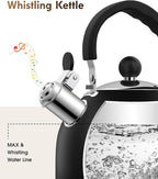 Premium Stainless Steel Tea Kettle for Stove Top - 2 Quart Classic Stovetop Teapot, Loud Whistle Kettle with Ergonomic Handle - Ideal for Hot Water & Tea,Coffee & Kitchen Decor(black)