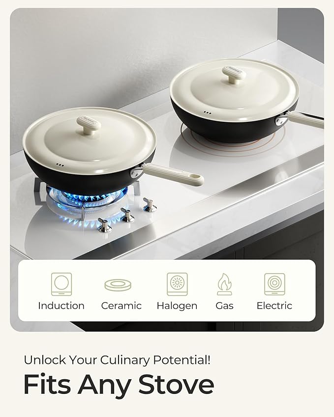 Carbon Steel Wok Pan - 11.8 Inch Pre-Seasoned Flat Bottom Chinese Woks & Stir Fry Pans with Lid, Lightweight Kitchen Cookware for All Stovetops, Gas, Electric, Gift for Women/Mom with Spatula Spoon