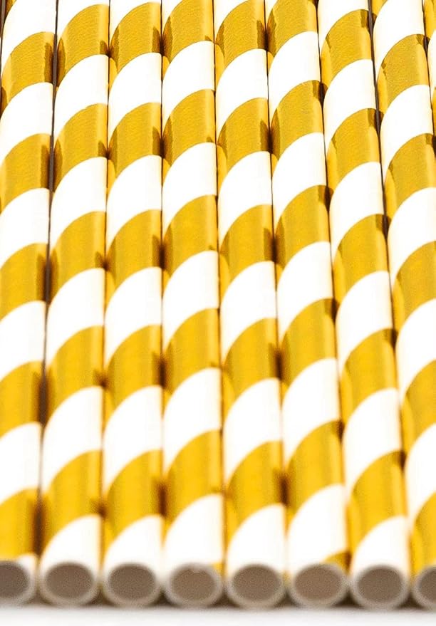 Pack of 900 Gold Foil Swirls Biodegradable 4-Ply Paper Drinking Straws (Compostable, Non-toxic, BPA-free)