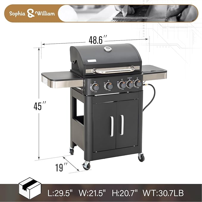 Sophia & William 4-Burner Gas BBQ Grill with Side Burner & Porcelain-Enameled Cast Iron Grates, Outdoor Cooking Propane Grills Cabinet Style Garden Barbecue Grill, 46,700BTU, Black