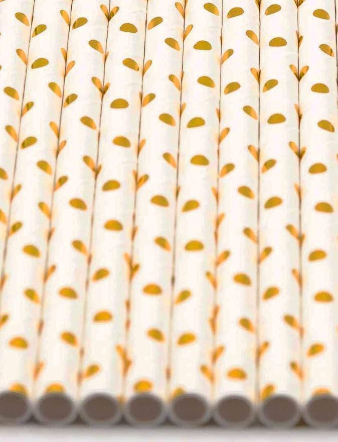 Pack of 300 Gold Polka Dot Foil Biodegradable 4-Ply Paper Drinking Straws (Compostable, Non-toxic, BPA-free)