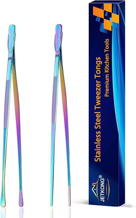 JETKONG 2 Pcs 9-Inch Culinary Tweezers Food Tweezers Kitchen Tweezer Tongs for Cooking (Rainbow)