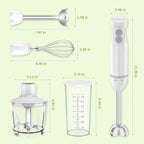 Bonsenkitchen Hand Blender, Immersion Blender with 2 Mixing Speed, 4-In-1 Handheld Stick Mixer with Egg Whisk, Beaker & Chopper Bowl for Baby Food, Soups, Smoothies, White