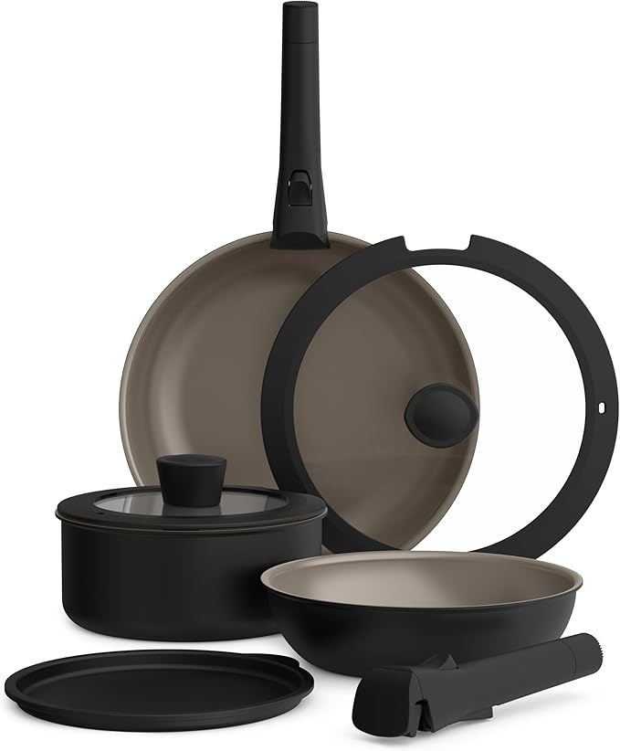 bella 8 Piece Removable Handle Cookware Set, Fits-anywhere™ Kitchenware w EverGood™ Ceramic Nonstick Coating, Dishwasher & Oven Safe, All Stovetops Compatible, Glass Lids with Silicone Rims, Black