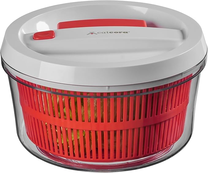 CatCora Quickspin One-Handed Salad Spinner, Accelerated Pump-Action With Built-In Break For Perfectly Dried Salad Greens, Ergonomic Single-Hand Design