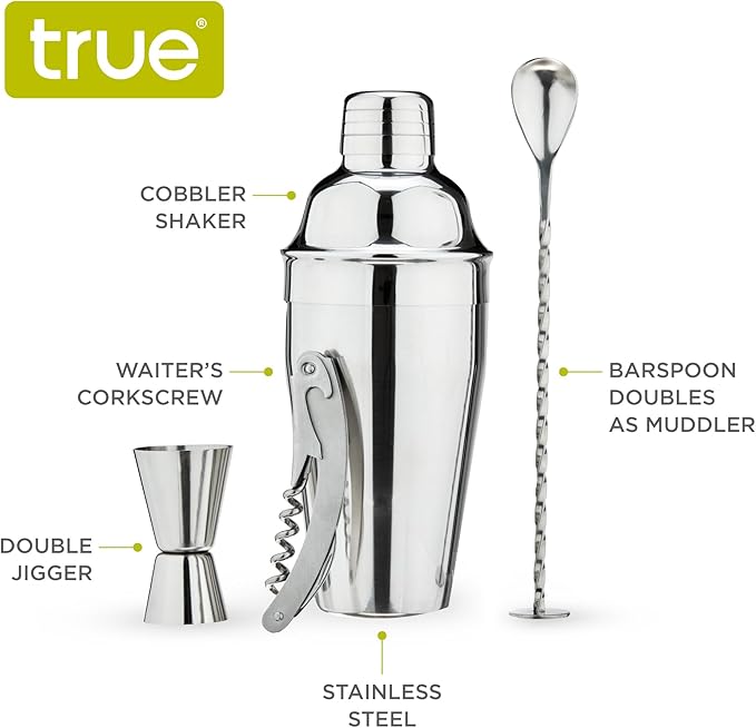 True Bar Drink Mixer Set, 19oz 4-piece Cocktail Shaker Set Bartender Kit, Cocktail Mixer Set, Cocktail Shaker Kit, Barware Tool Sets, Bar Accessories, Silver