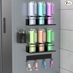 Magnetic Cup Holder for Refrigerator, Water Bottle Organizer for Stanley and Tumbler, Accessory with Lid Hook Straw Holder and Double Sided Tape for Kitchen Fridge Cabinet