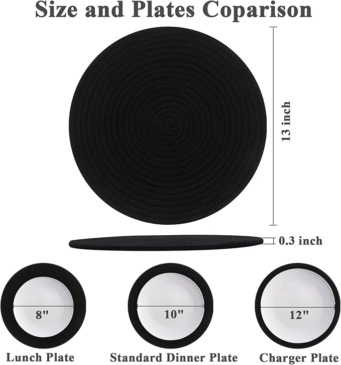 Round Placemats Set of 6, Cotton Rope Woven Table Mats, Hot Pads for Kitchen, Non Slip Heat Resistant Place Mats, 13 Inches Braided Placemat for Farmhouse Decor and Kitchen Table Decor (Black)